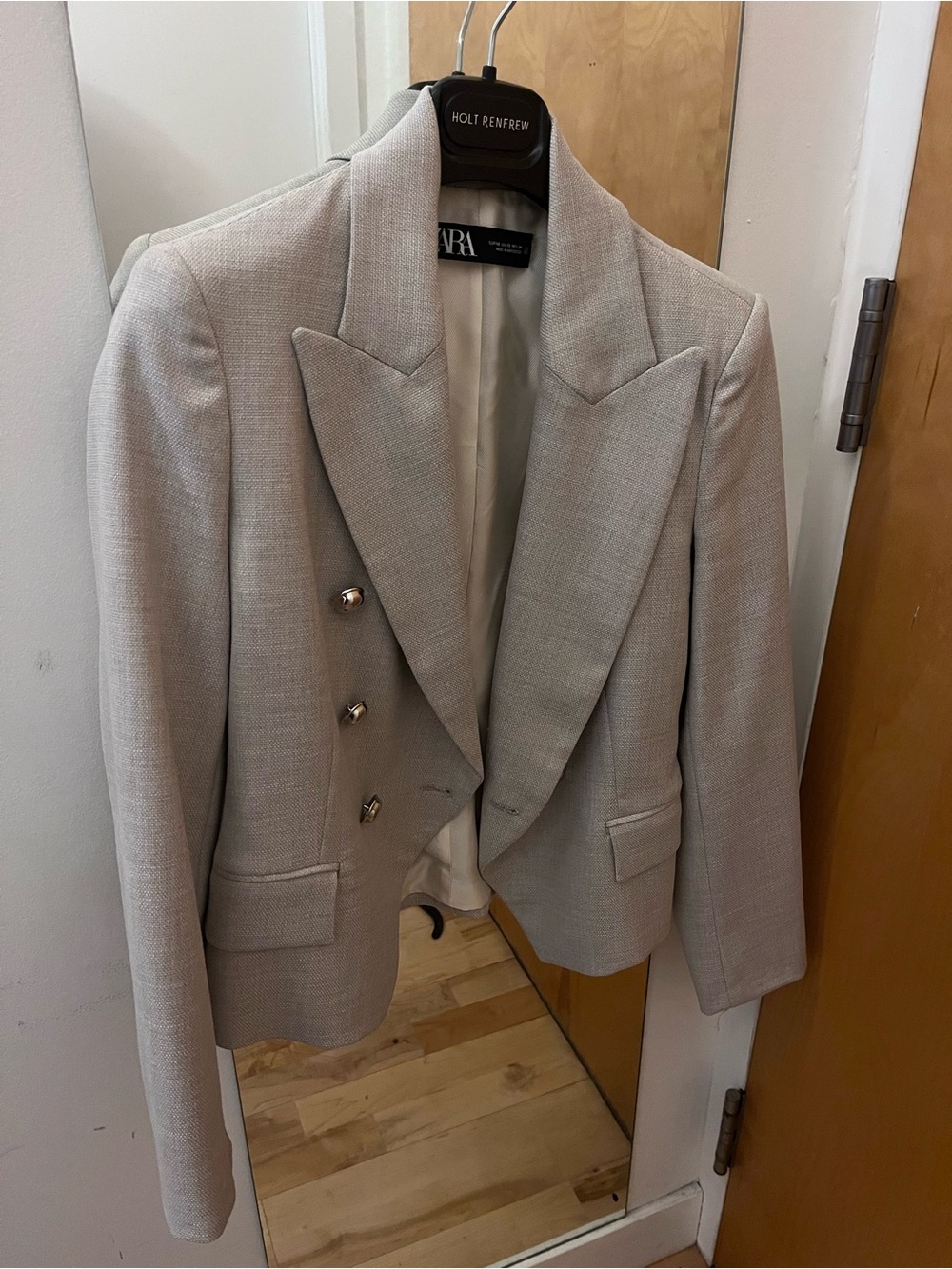 Zara Light Cream Double-Breasted Textured Blazer XS